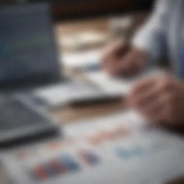 Analyzing Financial Reports for Discrepancies A financial professional analyzing graphs and reports to identify discrepancies.