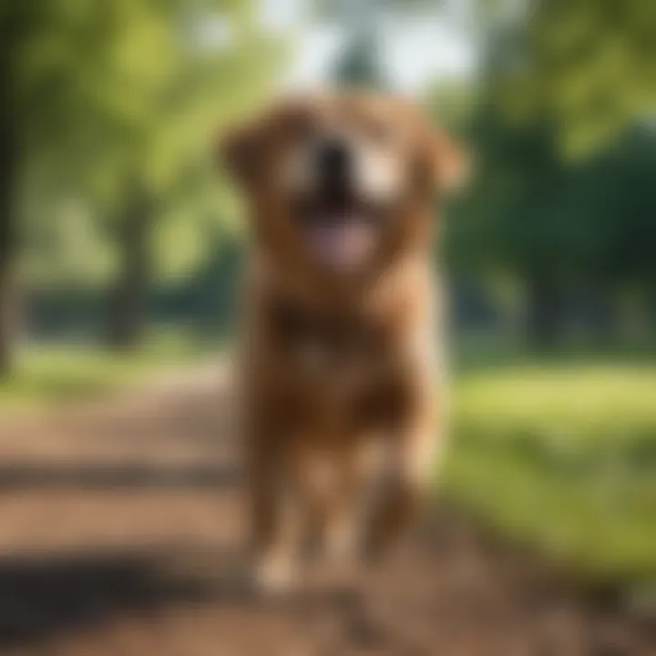 A joyful dog playing in a lush green park setting, representing health and happiness.