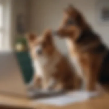 A pet owner reviewing dog insurance plans on a laptop at home, emphasizing the decision-making process.