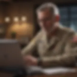 A military veteran reviewing car insurance options on a laptop.