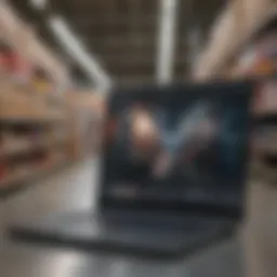 A modern laptop displayed in a well-lit Costco aisle showcasing diverse models.