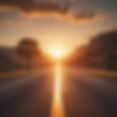 An artistic depiction of a bright future symbolized by a rising sun and open road.