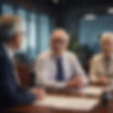 Investor Discussion on Retirement Strategies A diverse group of seasoned investors discussing retirement strategies in a modern office setting.