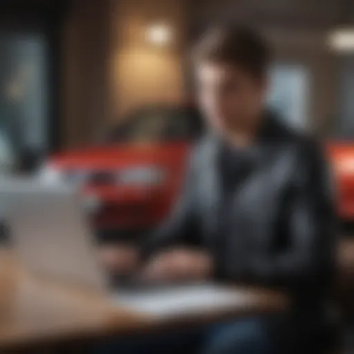 A young driver reviewing car insurance options with a laptop.