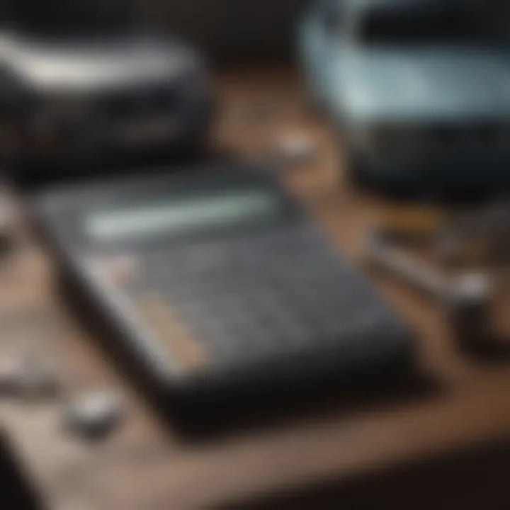 A calculator and car maintenance tools on a table