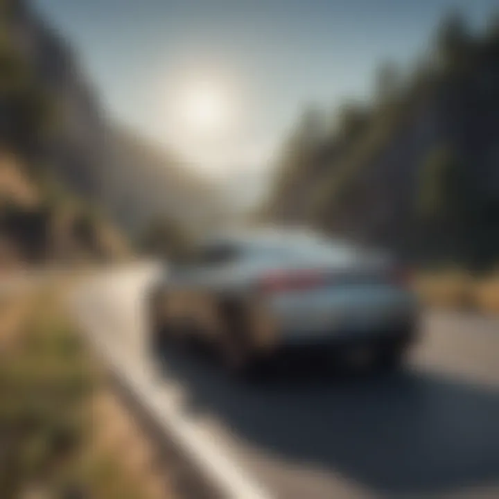 Electric car on a scenic road with beautiful landscape