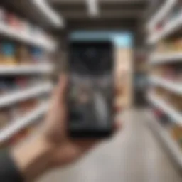 A shopper using a mobile device to scan products in a modern retail environment