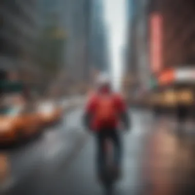 A DoorDash delivery driver navigating through a bustling cityscape.