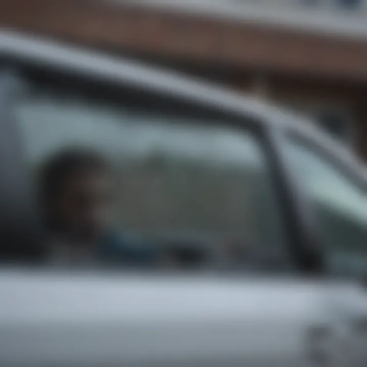 A close-up view of a broken car window highlighting the damage.