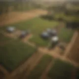 Aerial view of mission lands showcasing diverse agricultural practices.