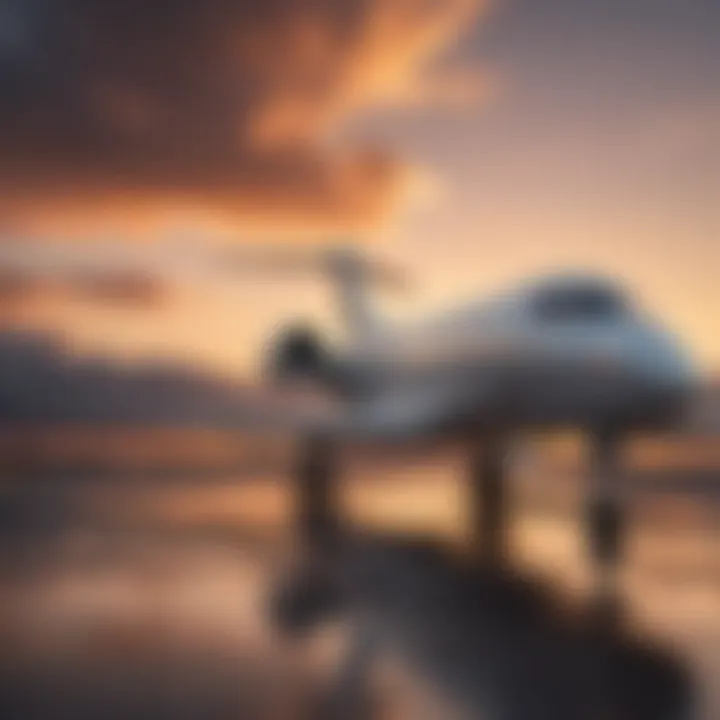 A scenic view of a private jet taking off into the sunset